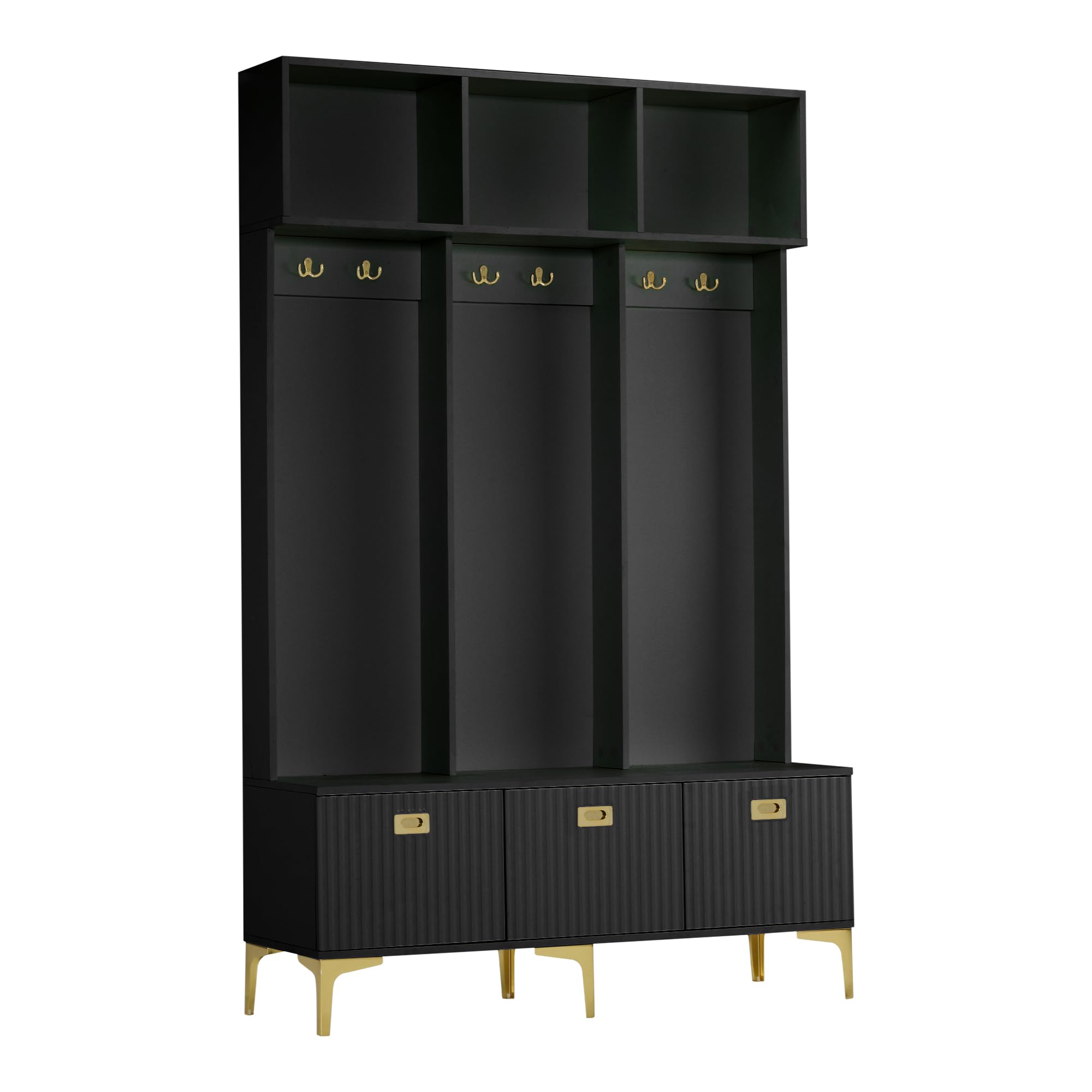 Eingangsbereich Flur Baum mit Aufbewahrungsbank, multifunktionale Garderobe mit offenen Regalen und goldfarbenen Beinen, 6 goldenen Haken, Soft-Close Gasdruckfeder, Hochglanz-Rillentüren