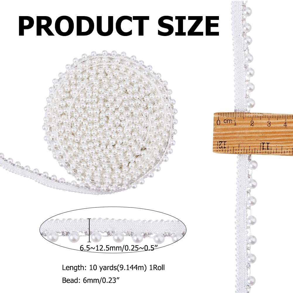 100 Yards White Polyester Lace Trim with Attached Plastic Pearl Beads Decorative Ribbon for Adult Clothing Embellishment Dressmaking Costume Design and Special Occasion Accessories