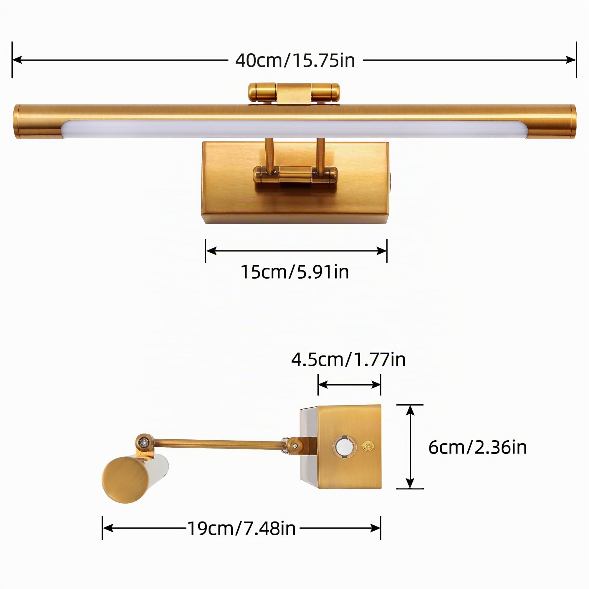 Specchio Luce Bagno LED 40cm 8W 3000K Dimmerabile Testa della Lampada Girevole IP44 Impermeabile Luce Calda Regolabile per Trucco Design Moderno