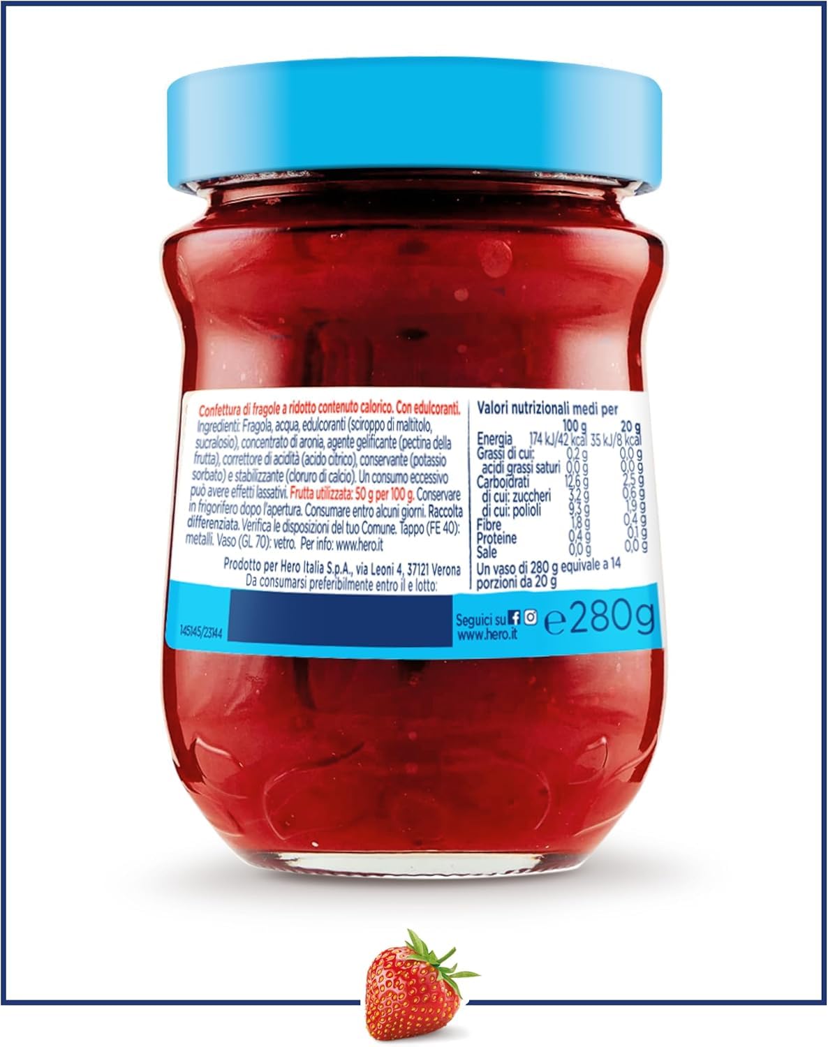 Hero Light Erdbeeren Marmelade, 8 Gläser 280 g, ohne Konservierungsstoffe, ohne Farbstoffe + Italian Gourmet polpa 400g