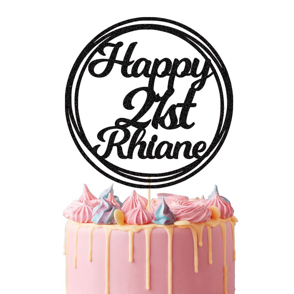 Personalised Birthday Cake Topper | Circle Design Cake Topper With Any Name Age 16th 18 21 30 40 50 60 | Double Sided Glitter Card | Black