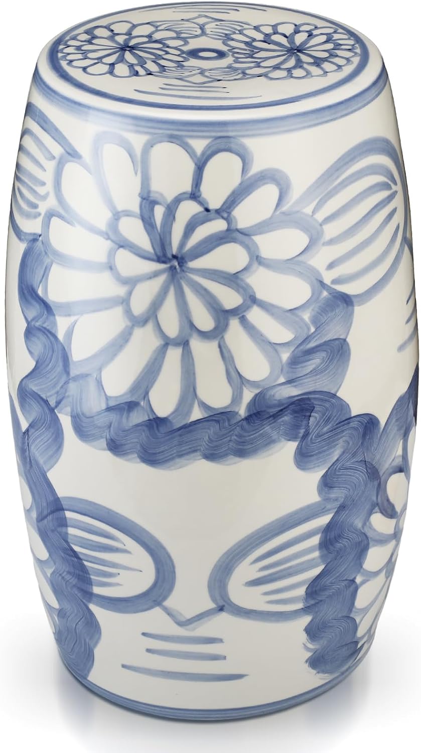 Novabright 17" Ceramic Garden Stool Blue and White Gardening Stool Decorative Chinoiserie Ceramic Drum Seat Castle Gardens Collection Chinese Small Table Bohemian for Indoor Outdoor Patio Living Room