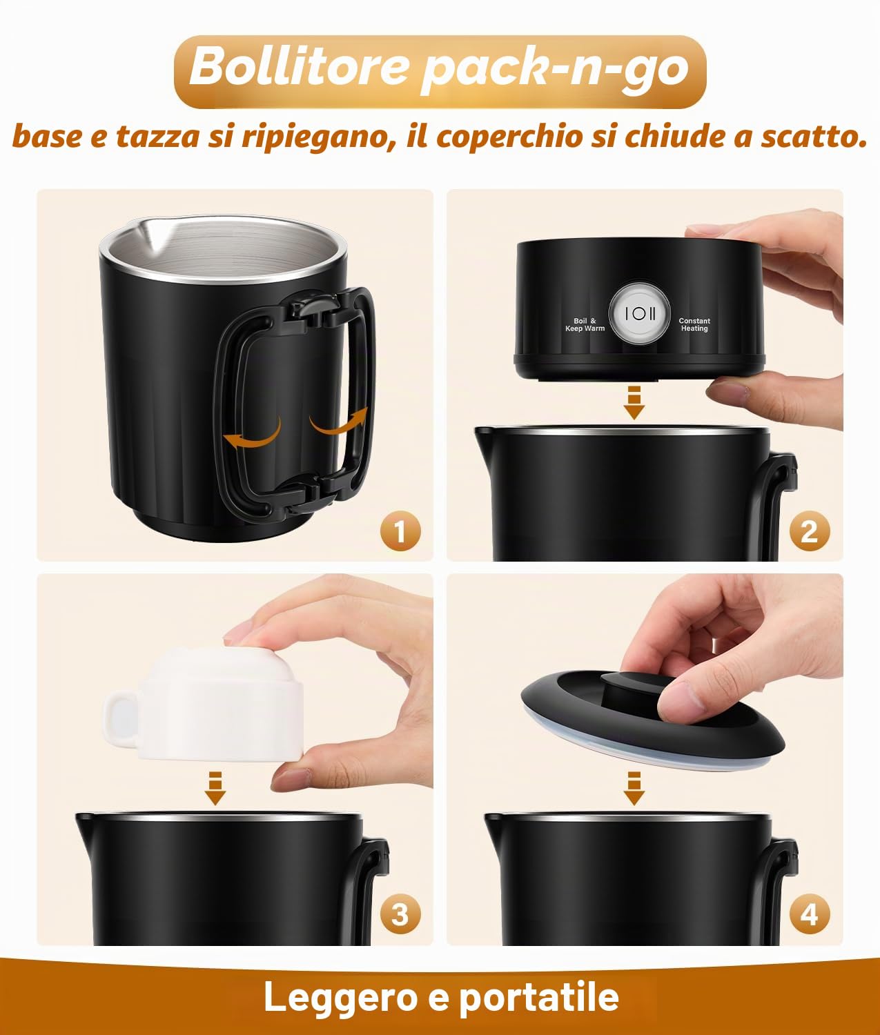 PAHTTO Bollitore elettrico in acciaio inossidabile, 800 ml Bollitore elettrico con una tazza, senza BPA, riscaldamento in 5 minuti, perfetto per la famiglia, i viaggi, l'hotel, il campeggio (nero)
