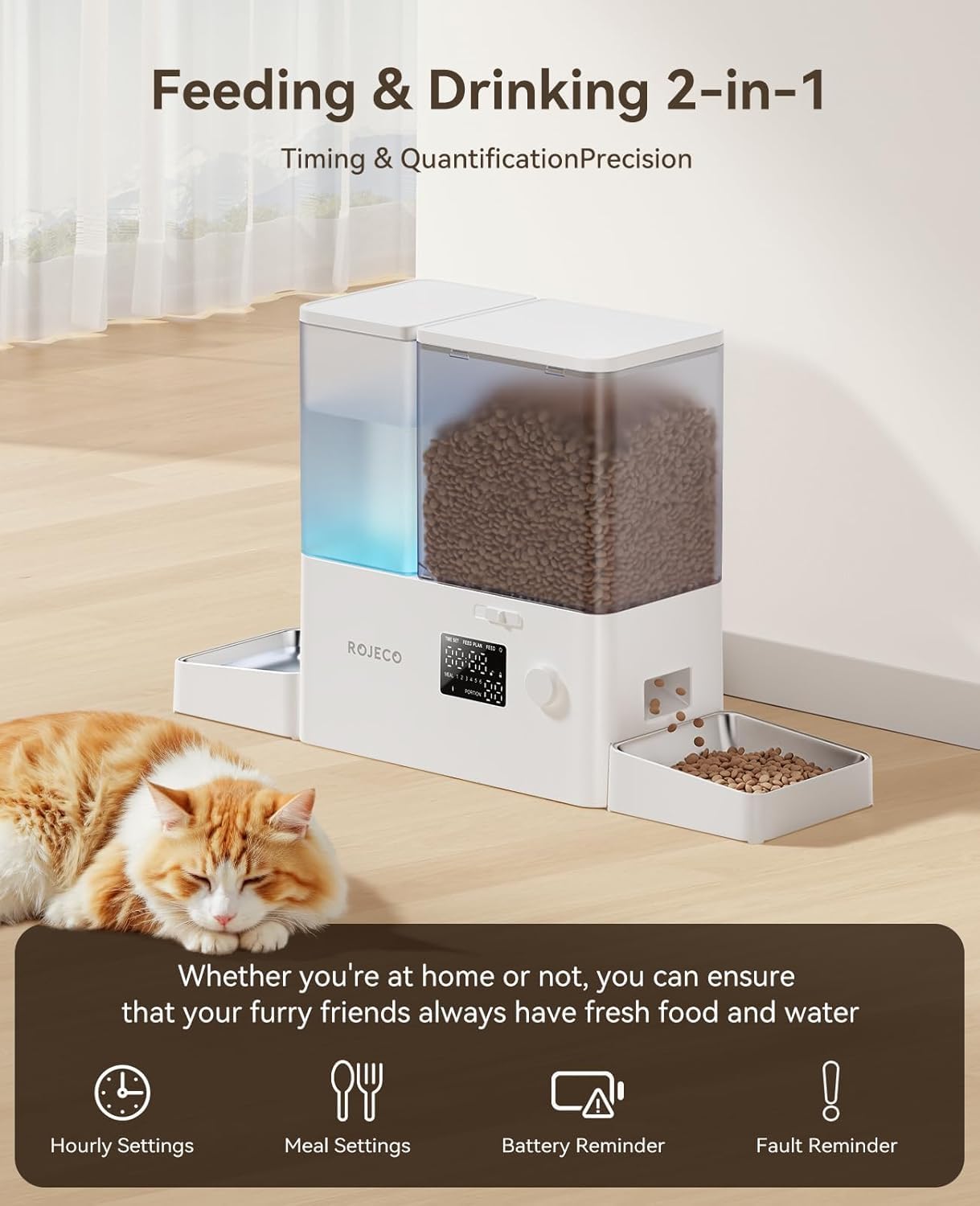 ROJECO - Comedero automático para gatos de 8.5 L, comedero 2 en 1 para mascotas con temporizador, dispensador de comida para gatos de gran capacidad con alimentador de alimentos y fuente de agua