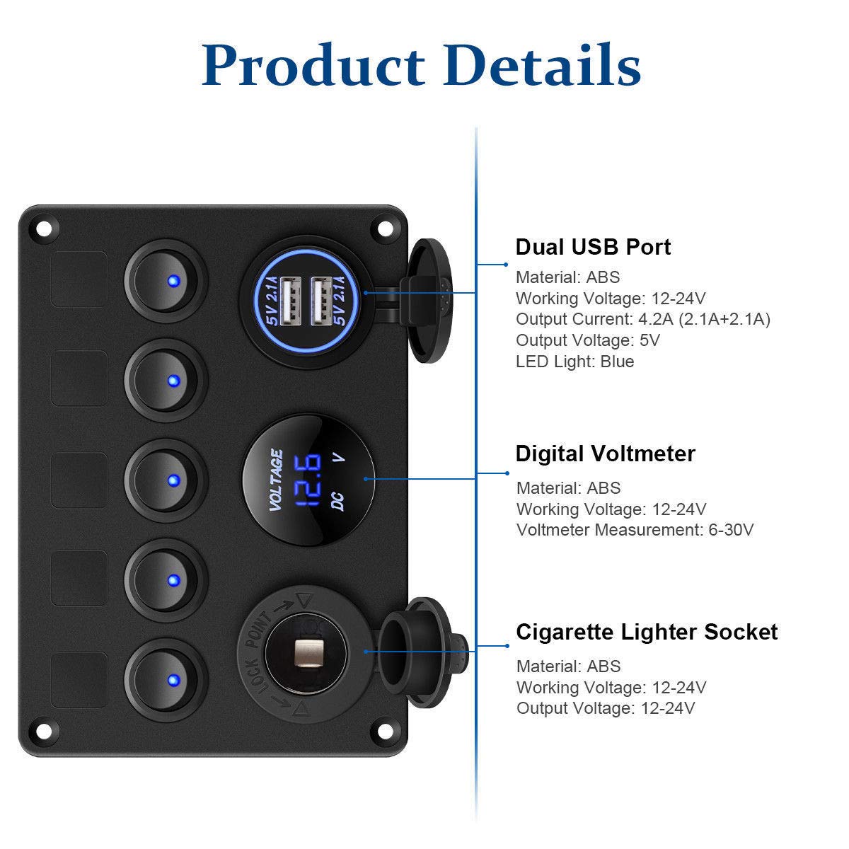 ELING Pannello Interruttori A Bilanciere Per Barca 5 Gang Con LED Verde, Doppia USB E Accendisigari - 12V/24V