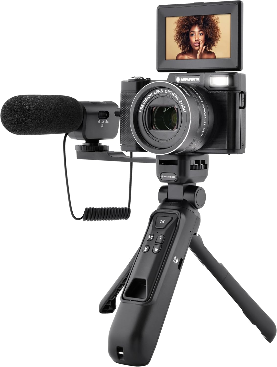 AgfaPhoto - Kit Vlogging tutto in uno: Fotocamera VLG-4K Optical, Treppiede Powerbank, Telecomando, Microfono e Scheda Micro-SD 32GB Inclusa - Immortalate con stile i vostri momenti in 4K! - Nero