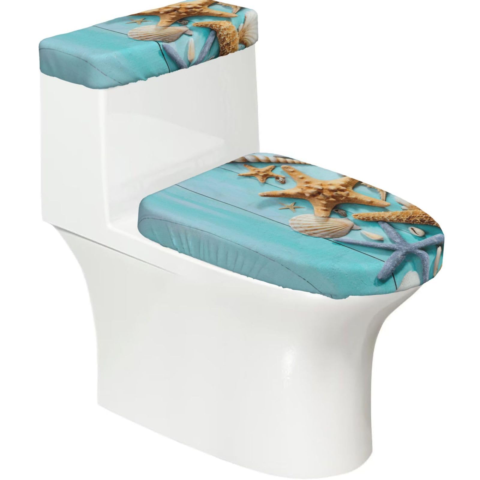 Ocean Sea Seashell Starfish Print Stretch Toilet Covers Set, Polyester Covers Replacement For Fits Most Size Lids Bathroom Decor
