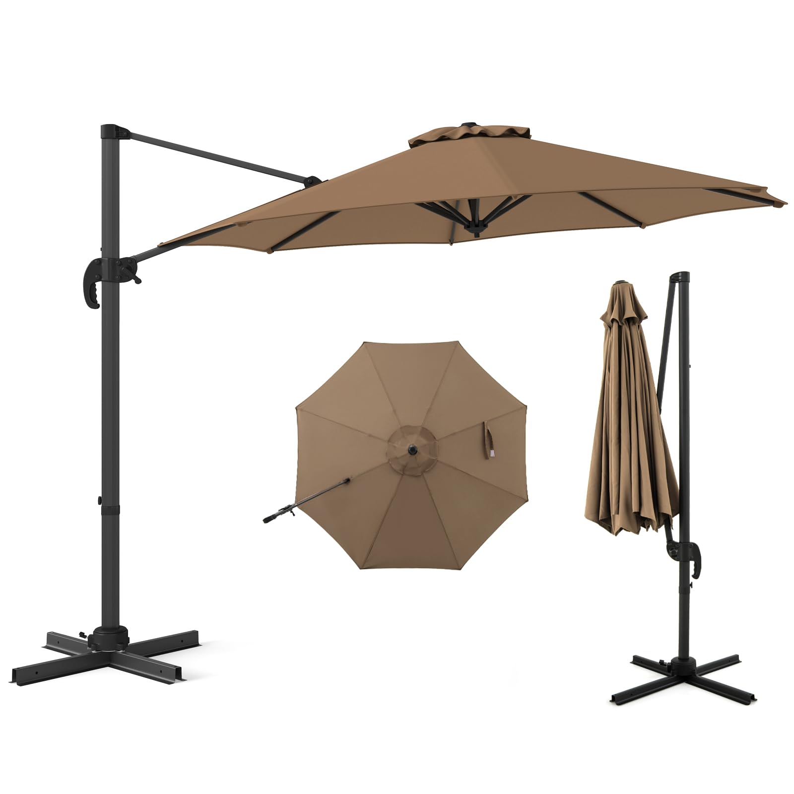 COSTWAY Ombrellone a Cantilever da Giardino 294 cm, Rotazione 360° e 5 Angoli Regolabili, 8 Stecche Base a Croce, Impermeabile, per Cortile Piscina Esterno (Marrone)