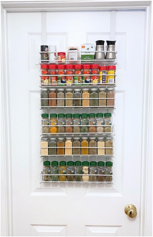 EvelotsOver the Door Pantry Spice Rack Organizer -6 Tier -Holds up to 54 Spices- Adjustable Metal Baskets for Kitchen, Bathroom Storage & Organization (White) No Tool Easy Install