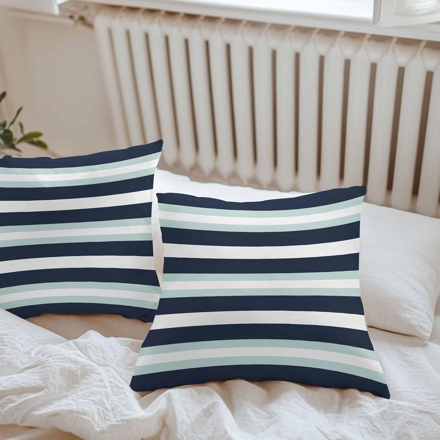 Aqua Navy Blue Striped Outdoor Pillow Covers Waterproof, All Weather Cushion Case Set of 2, Modern Abstract Lines Geometric Decorative Pillowcases for Sofa Couch Bed Decor Patio Furniture 18"x18"