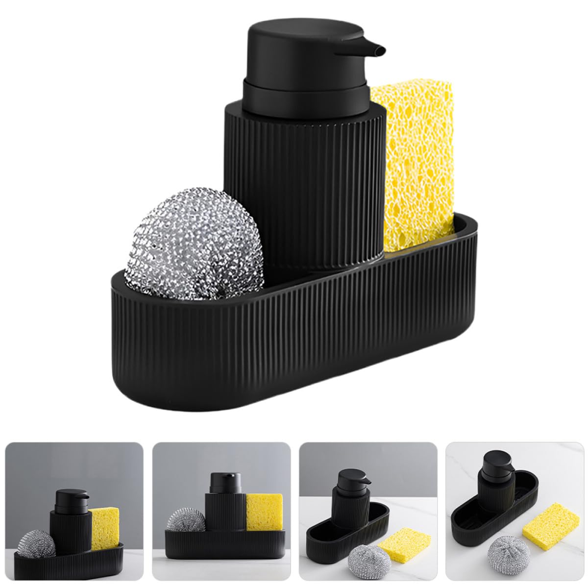 Dispenser di Sapone e Porta Spugna per Lavello Cucina Set Completo Erogatore a Pompa Nero Controllo senza Sforzo per Detersivo Piatti Organizzatore Lavaggio a Mano