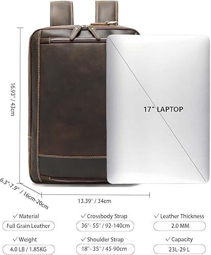 Miniatura 3 de Mochila vintage de cuero expandible 2 en 1 para hombre, maletín cruzado de hombro grande, mochila de viaje para trabajo, senderismo, para laptop