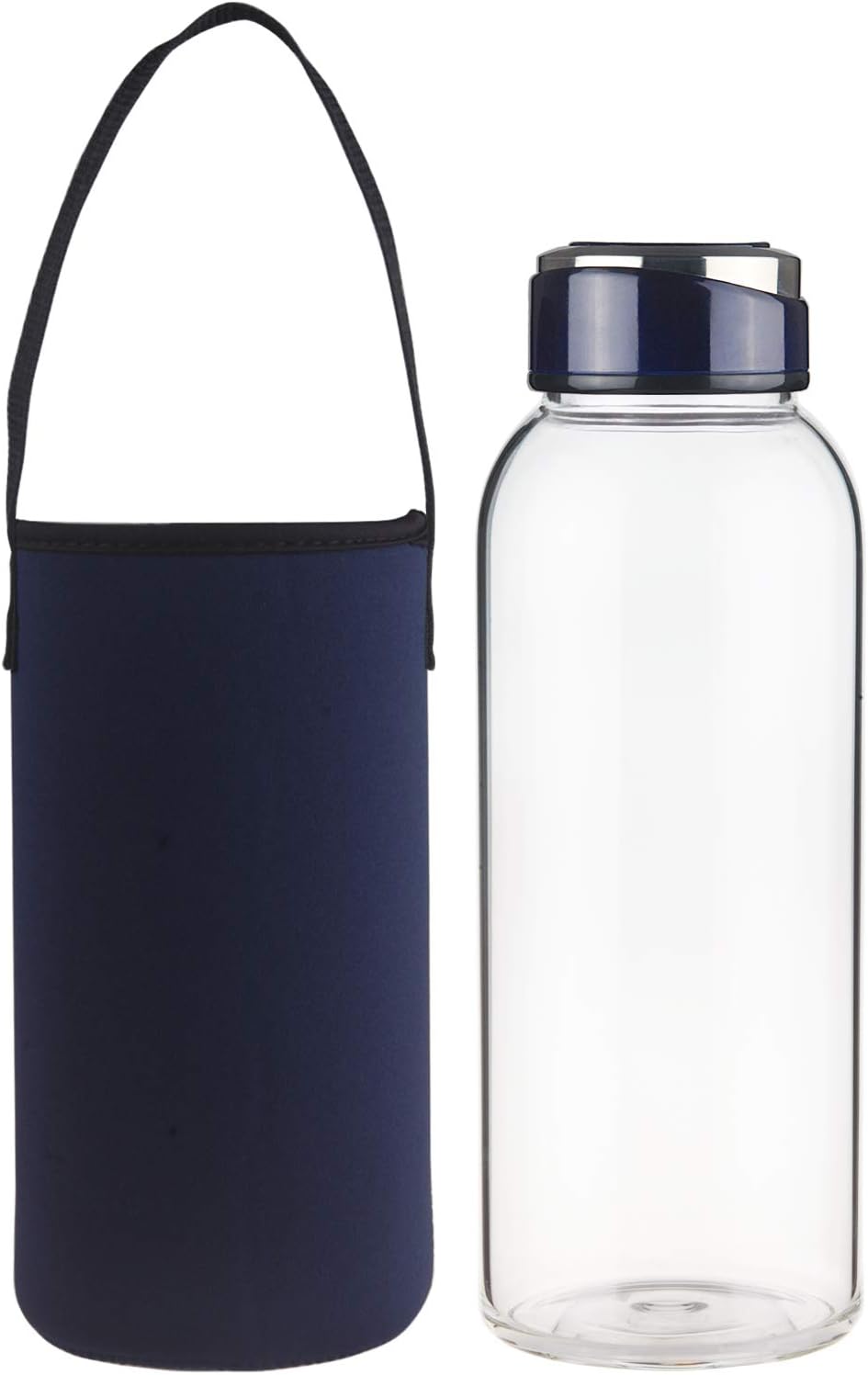Borosilicate Glass Water Bottle , BPA Free Glass Drinking Bottle with Neoprene Sleeve and Leak-Proof Stainless Steel Lid(48oz Royal blue)