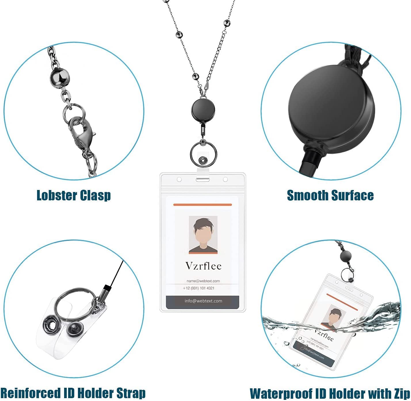 Lot De 2 Cordons Rétractables Pour Badges - 4 Porte-Cartes Inclus - Clip Nom - Noir Et Argenté - 5