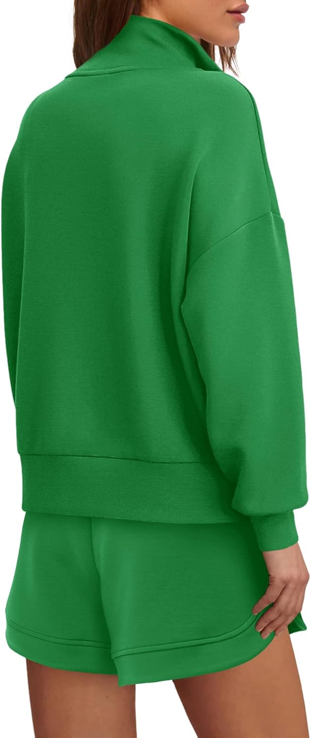 Nirovien Womens Sweat Suits 2 Piece Set Long Sleeve Quarter Zip Sweatshirt and Shorts Set Airport Travel Outfit with Pockets - Image 5