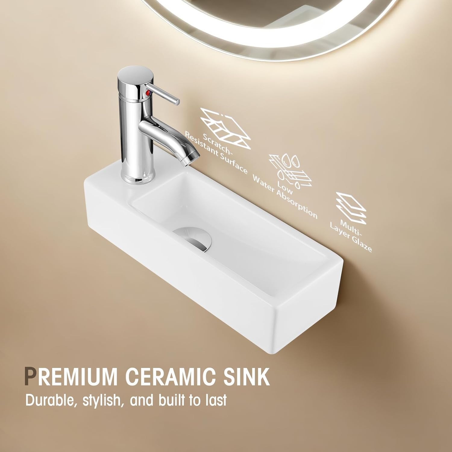 Small Bathroom Sink Ceramic Cloakroom Basin 15 × 5.5 × 3.5 in/380 x 140 x 90mm (WxDxH) - Wall Mounted Sink - Rectangular Countertop Basin for Small Bathroom, Cloakroom, Toilet, Guest Bathroom