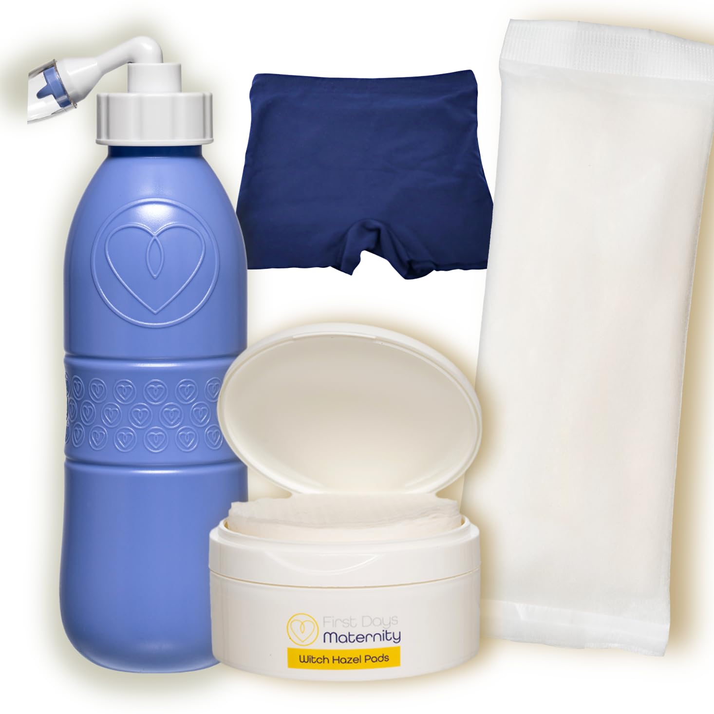 First Days Maternity - Hospital/Birth Bag Essentials Bundle - Instant Perineal Cold Packs - Peri Bottle - Witch Hazel Pads - Stretchy Maternity Pants (Medium Pants, Blue Peri Bottle)