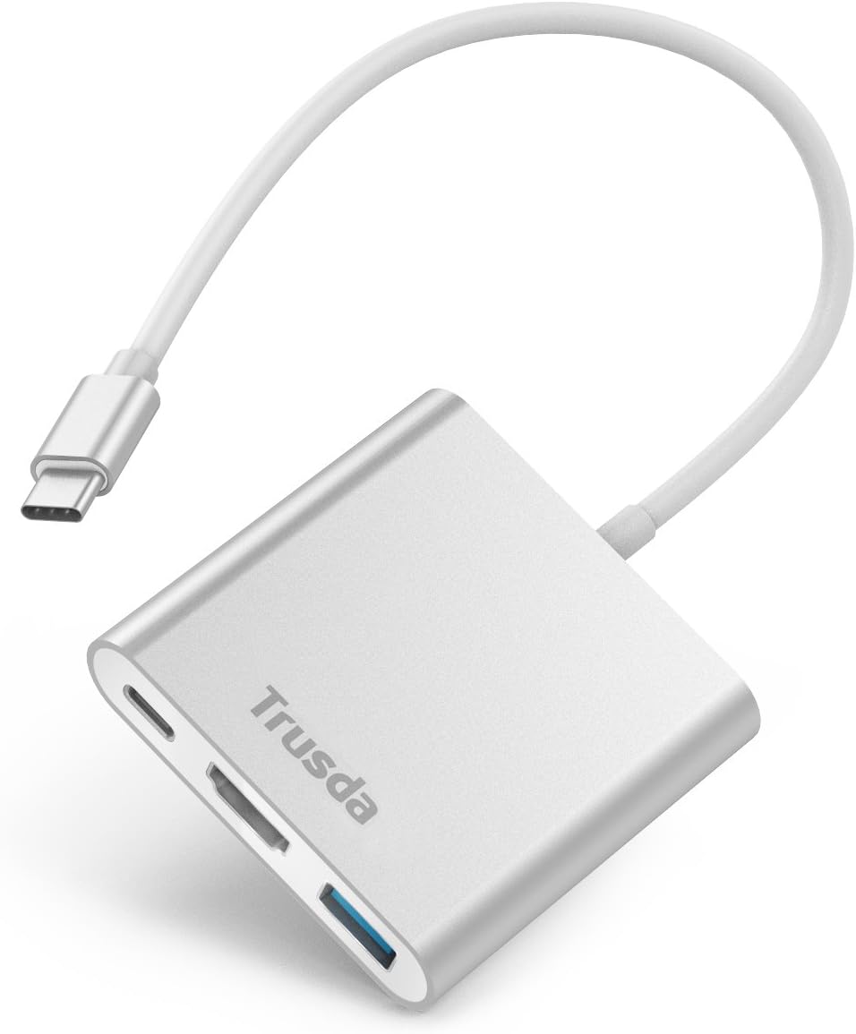 Trusda USB-C Digital AV Multi-port Adapter, USB 3.1 Type-C to HDMI Adapter Converter 4K, USB 3.0 HUB With 1 Charging Port (PD),for Apple Macbook, Chromebook Pixel, with Aluminium Case