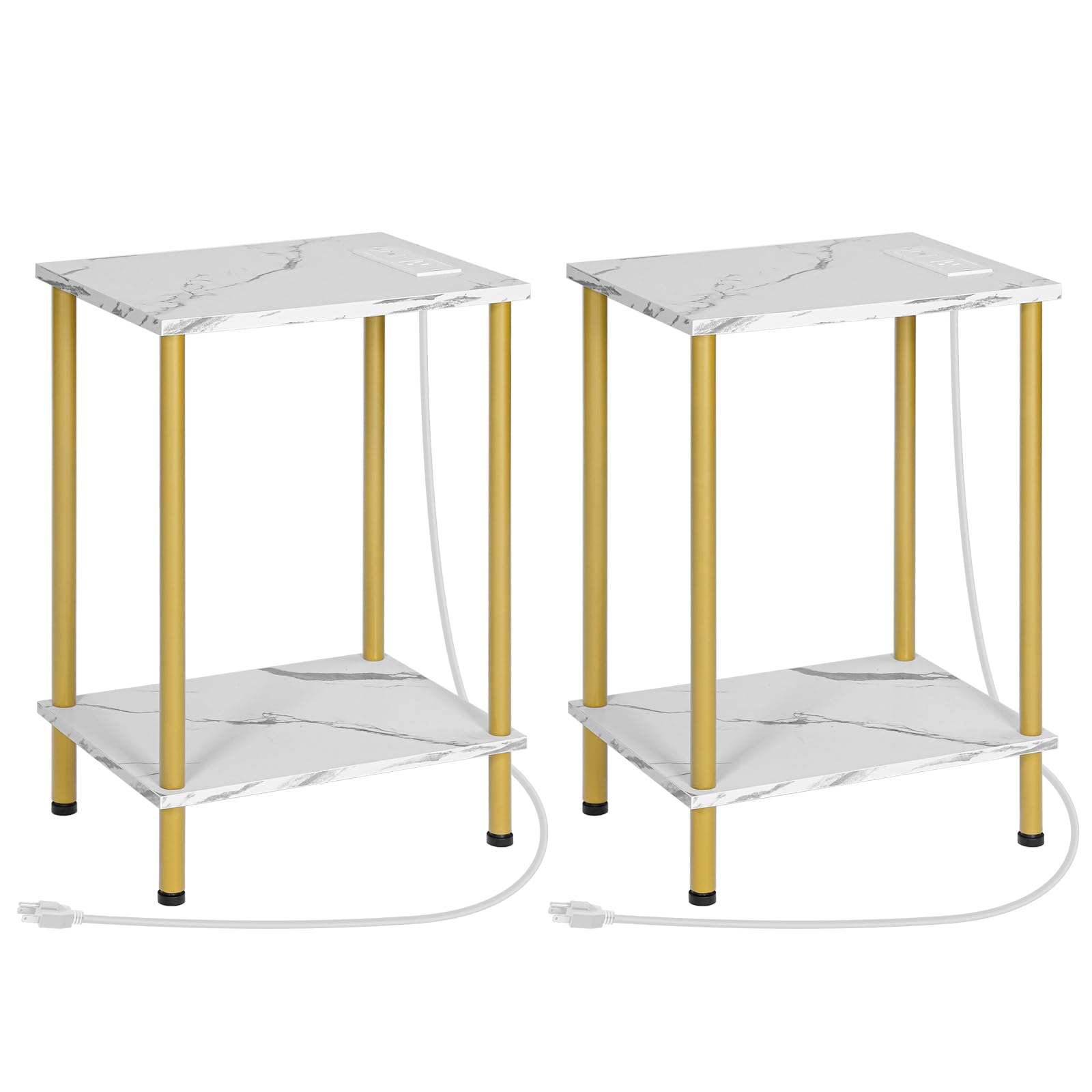 HOOBRO Side Table with Charging Station, Set of 2 End Tables with USB Port and Outlet, Nightstand with 2-Layer Storage Shelves for Small Spaces, Living Room, Bedroom, Gold and Marble DM09UBZP201