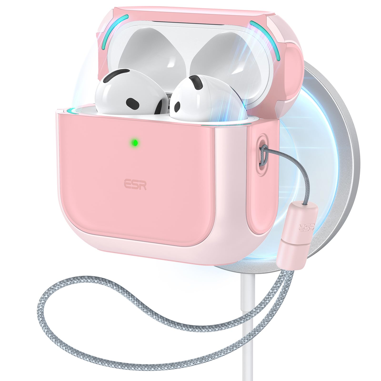 ESR for AirPods 4th Generation Case, Compatible with AirPods 4 Gen (2024) (USB-C), Compatible with MagSafe, Drop Protection Cover with Lanyard, Orbit Hybrid Case, Pink