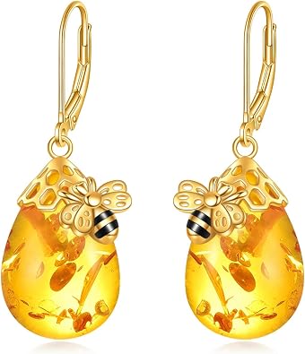 TIGER RIDER Bee/Butterfly/Scorpion/Cactus/Leaf/Beetle 925 Sterling Silver French Clasp Leverback Earrings Amber/Crystal/Citrine/Moonstone/Obsidian/Jade/Rose quartz Pendant Jewelry Gift for Women