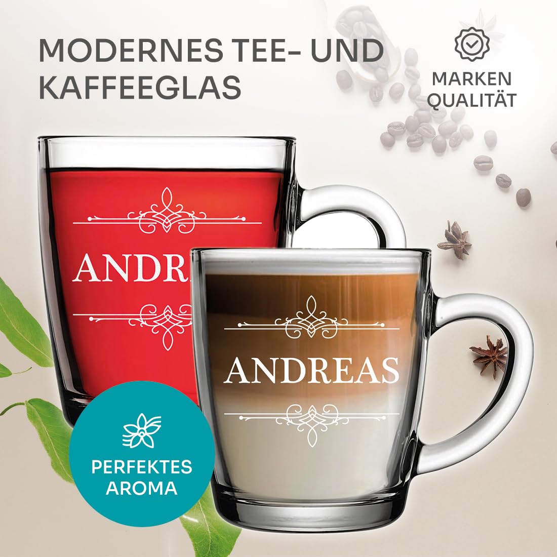 polar-effekt Glas Teetasse 340 ml 6 Stück mit Gravur - personalisiertes Kaffeeglas - Geschenk zum Geburtstag - Trinkglas für Heißgetränke