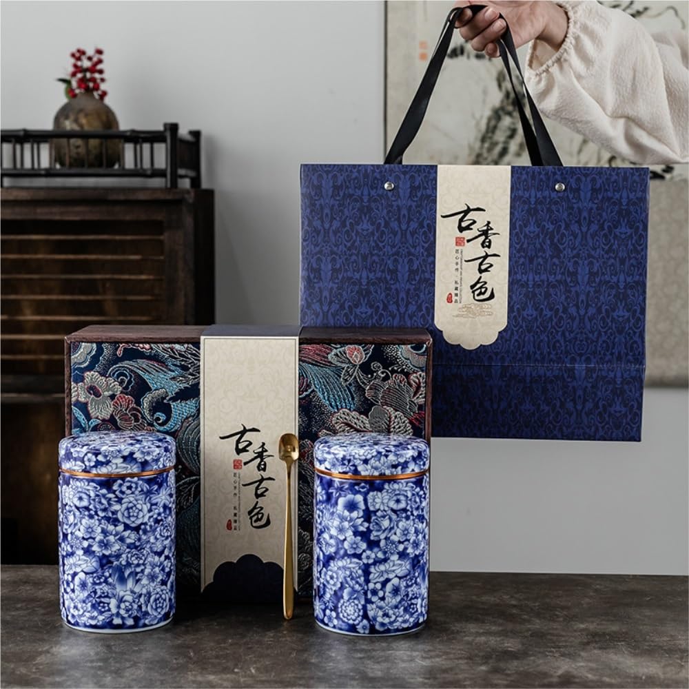 Barattoli per il Tè Sfuso Contenitore for la conservazione del tè sfuso, lattina sigillata in porcellana blu e bianca, lattina di tè vuota, set regalo con lattina singola/doppia Barattolo per il Tè Er