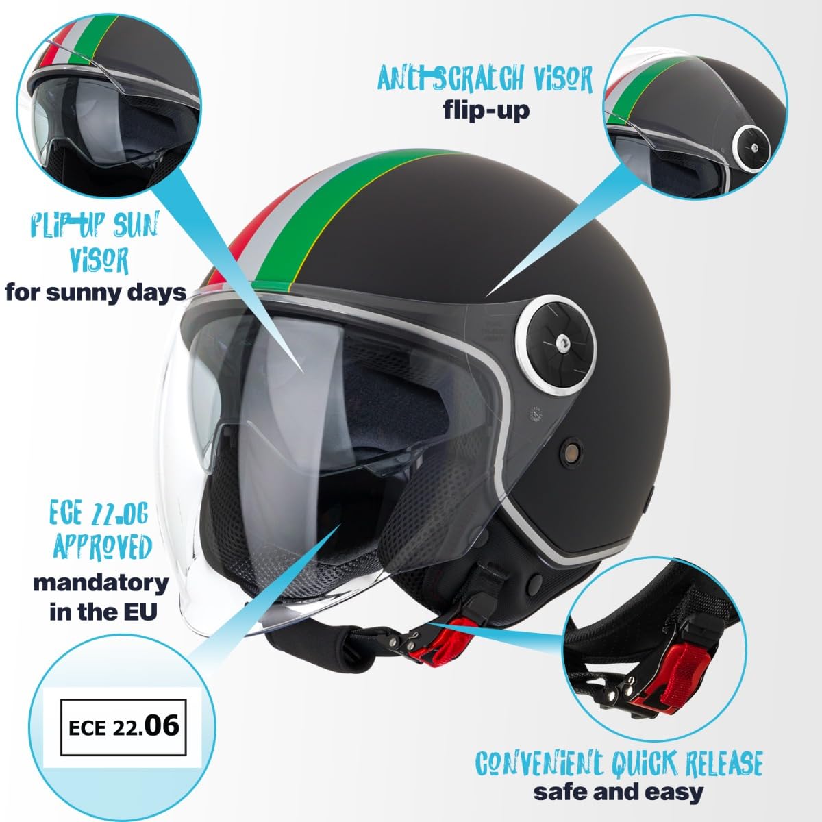 VINZ Neiva Jethelm mit Doppelvisier | Roller Helm mit Italienische Flagge & mit Sonnenblende | In Gr. XS-XXL | ECE 22.06 Zertifiziert | Motorradhelm mit Visier | Viele Farben Erhältlich