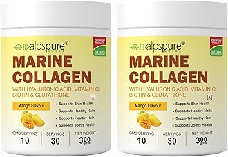 Alpspure Nutra Marine Collagen/Fish Collagen Powder (Pack of 2-300 G Each) with Hyaluronic acid, Vit C, Biotin & Glutathione | Supports Healthy Skin, Hair, Nails & Joints | Mango Flavour