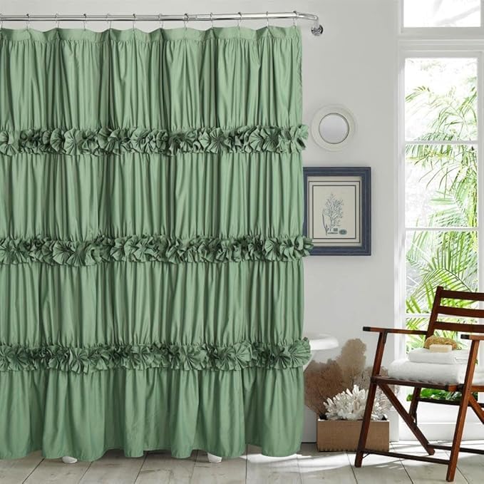 Light Green Ruffle Shower Curtain 72 W x 84 H, Vintage Handcrafted Bow Tie Bath Curtain for Master Bathroom, Ruched Microfiber Bathroom Curtain with 12 Buttonholes (LQ-10)