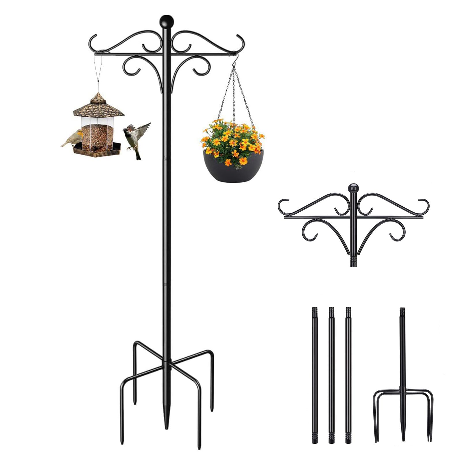 193 cm, gancio per mangiatoia per uccelli, altezza regolabile, con base a 5 rebbi, supporto per mangiatoia per uccelli in metallo resistente, per luci da giardino, lanterne, cesti per piante