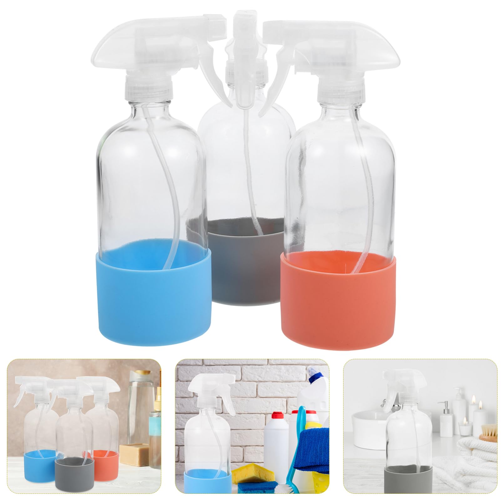 ABOOFAN 3 Stück 500ml Glas Sprühflasche mit Rutschfestem Silikonboden | Transparent, Pp Teil und Bequemer Griff, Gleichmäßiger Sprühnebel, Auslaufsicher für Blumen und Pflanzen