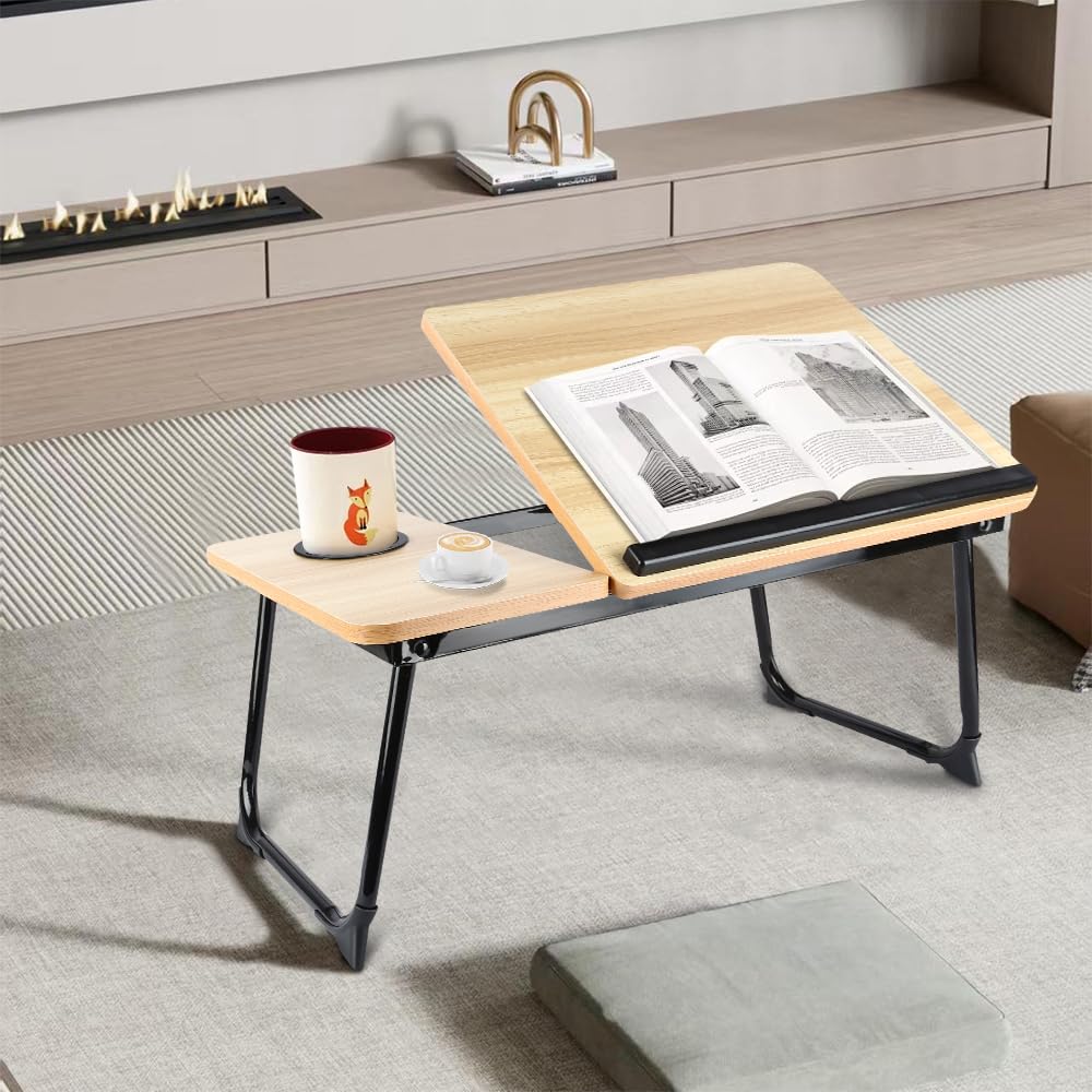 Table de lit Pliable et réglable, Plateau pour Ordinateur Portable avec Plateau inclinable, tiroir, Bureau de lit en Bambou,Support d'Ordinateur (56 * 33 * 24cm)