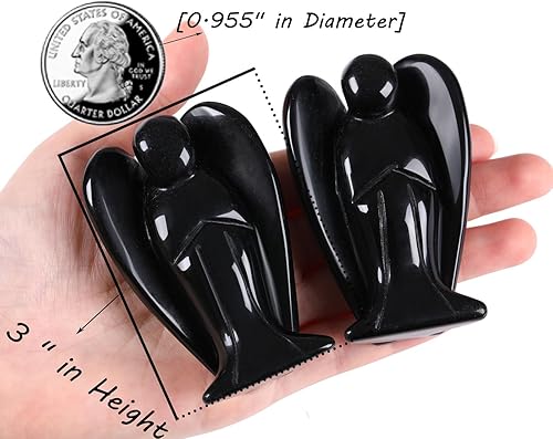 Miniatura 2 de QINJIEJIE Figura de ángel de cristal de obsidiana negra de 3 pulgadas, decoración de ángel de la paz curativa, estatua de guardián pulida, estatua