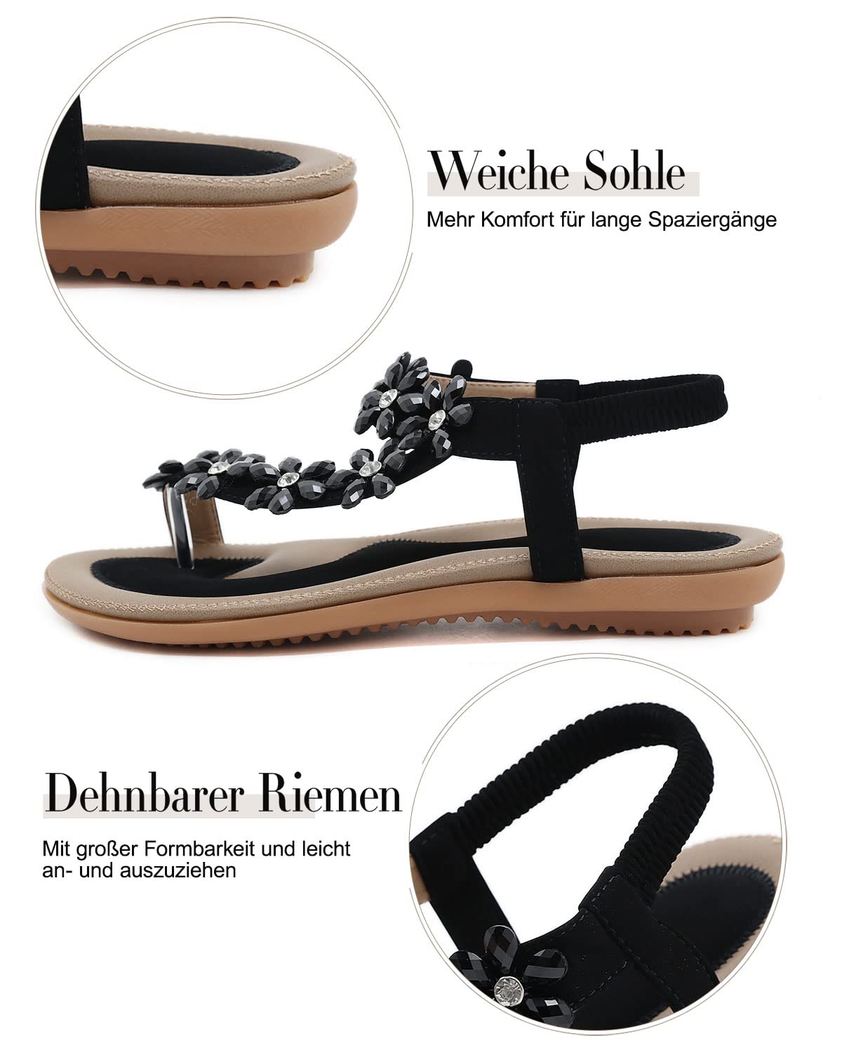 Sandales Femmes Plates Été Chaussures éLastiques Plage BohèMe Strass Fleurs Femme Confortable PU Tongs Orteils SéParateurs