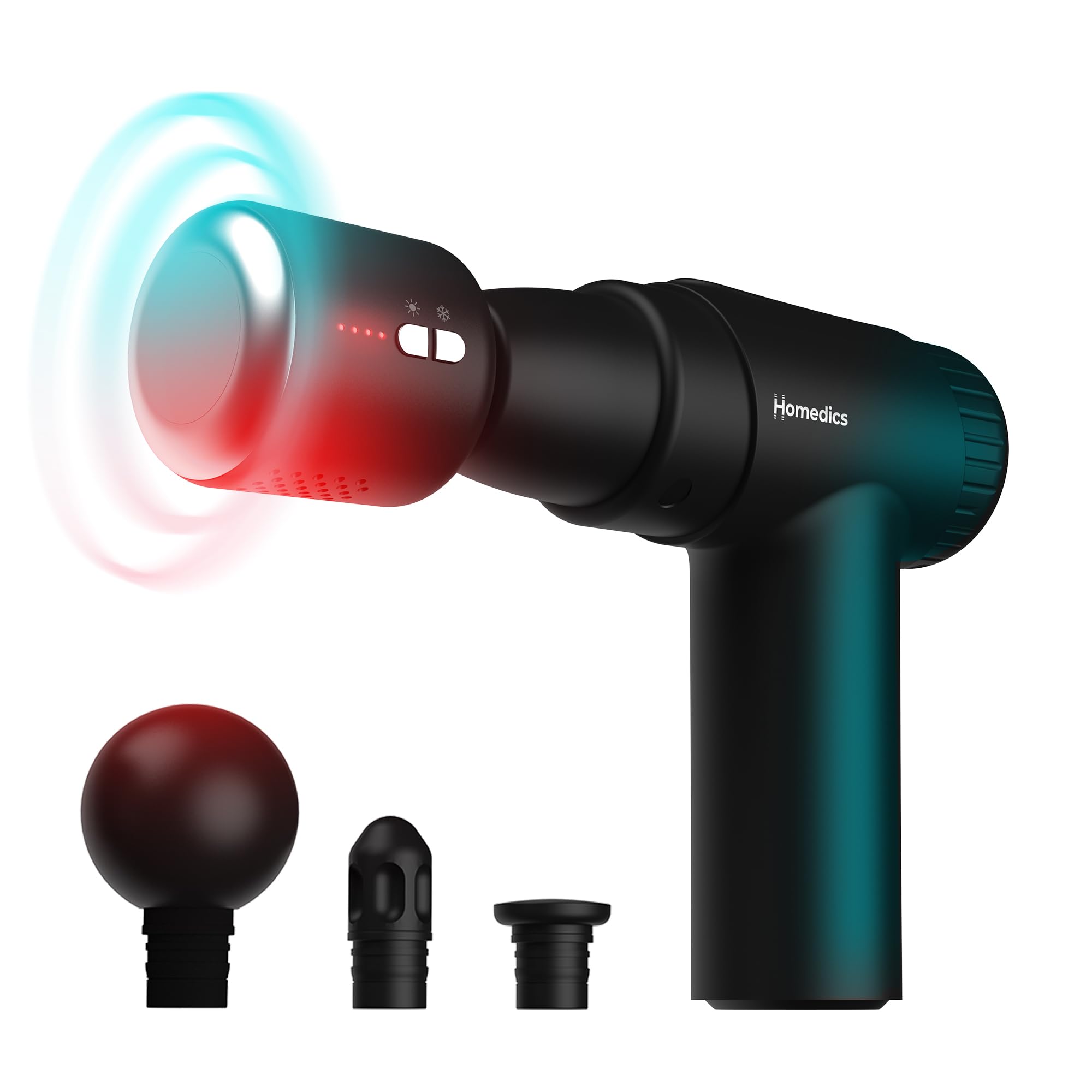 Homedics NOVO+ Hot & Cold Pistola de Masaje de Calor y Frío | Pistola de Masaje Muscular, Control de Temperatura, 4 Accesorios, 6 Intensidades, Tejido Profundo, Estuche de Viaje