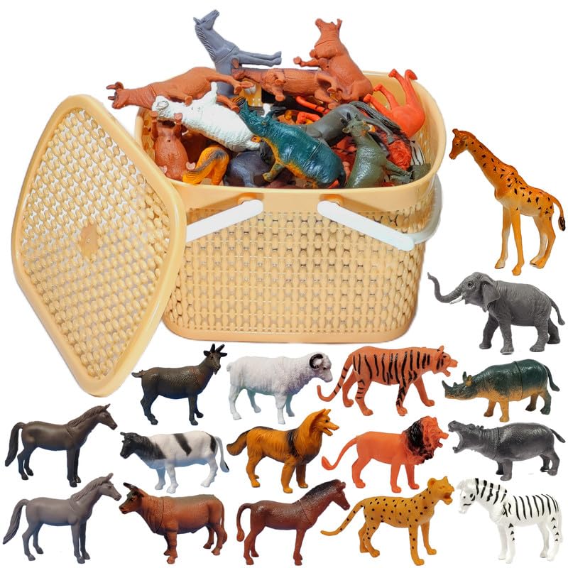 Image of BABRO - Animal Toy Set for Kids, Bucket with Farm and Wild Rubber Animal Toy Set (16 Pcs)