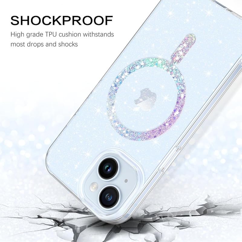 Image of COVERLY Minimalist Magnetic Glitter for iPhone 15 Pro Max Case,Clear Crystal Bling Phone Case [Compatible with Mag-Safe] Shockproof Cute Women Girl Protective Cover for iPhone 15 Pro Max, Blue Shimmer
