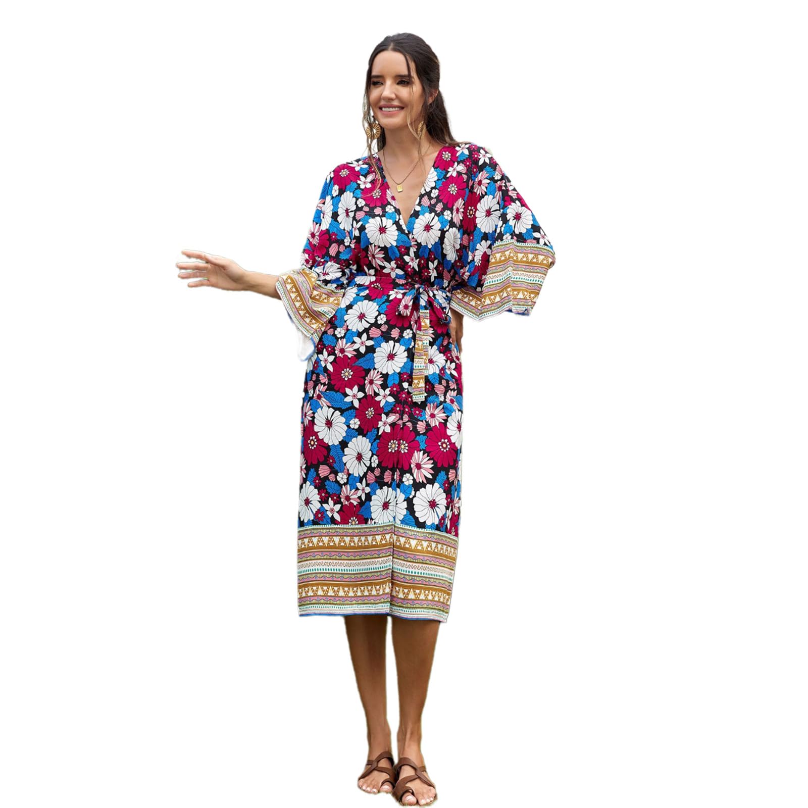 Cárdigan de playa para mujer con banda en la cintura, kimono largo de flores, frente abierto, cárdigan de playa