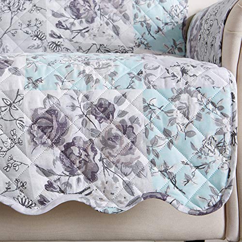 Image of Great Bay Home Reversible Floral Patchwork Chair Furniture Protector - Machine Washable, Scalloped Edge, Stain Resistant, Printed Furniture Cover for Dogs, Kids, and Pets (Gray /Aqua)