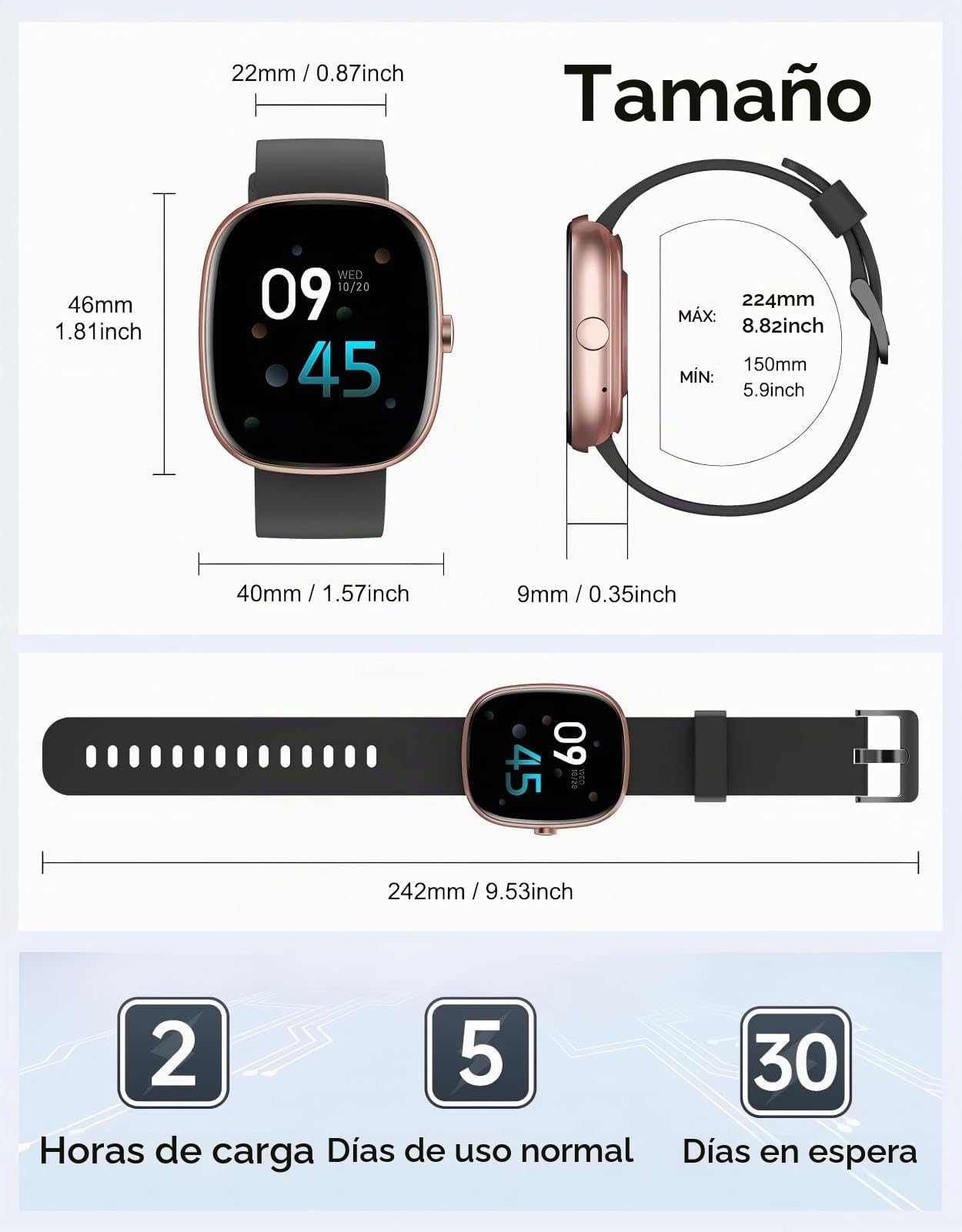 HUAKUA Reloj Inteligente Hombre Mujer con Llamadas Bluetooth 5.3, Smartwatch Deportivo 3ATM Impermeable con 113 Modos Deportivos, Monitor de Pulsómetro, Sueño y SpO2, Reloj Digital (Negro Dorado)