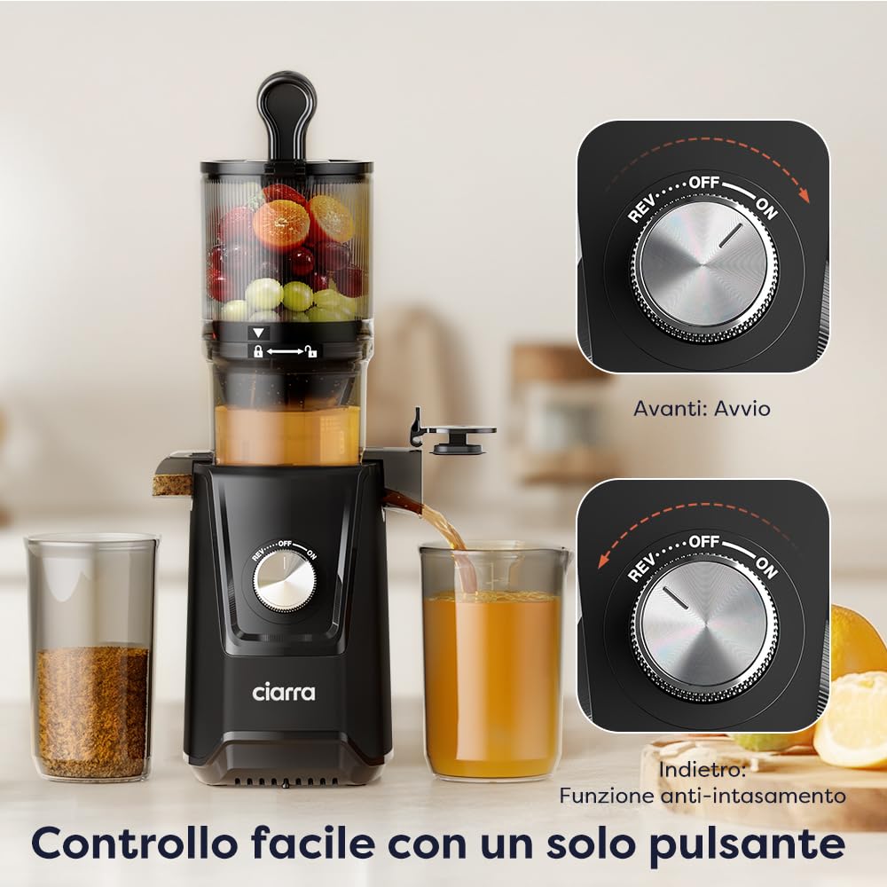Ciarra AWSJ046-B Estrattore Frutta e Verdura, Estrattore di Succo Lento con Apertura di Alimentazione da 108 mm, SENZA BPA, 1.2L Capacità, Per frutta e verdura intere, 200W, 2 Bicchieri-NERO