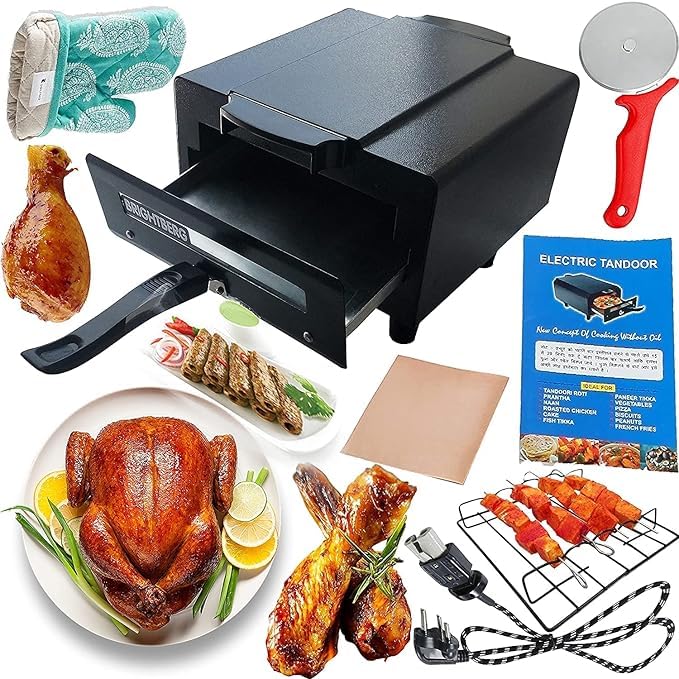 Bright Berg Electric Tandoor B- 3 Heavy Weight Barbecue Grill and Electric Tandoor for Home with Pizza Cutter, Recipe Book, Nonstick Sheet,Grill,4 Skewers, Glove (Black, all Tandoori Dish BBET-89-image-44