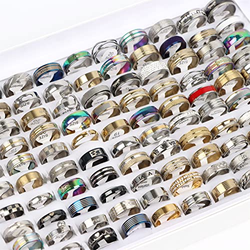 Juanmaojuan 50Pcs/Lot Fashion Stainless Steel Heart Rhinestone Band Rings For Women Men Mix Style Party Jewelry Wholesale (Mix Size 7-12) #TOP2
