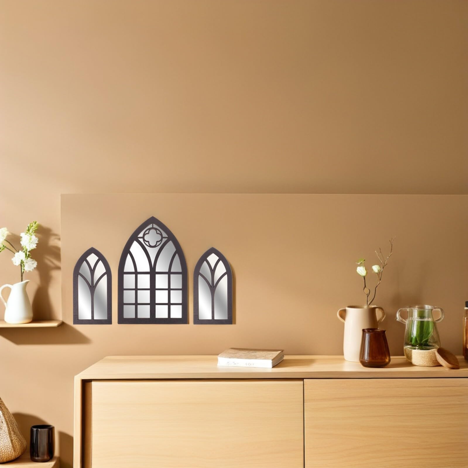 Veemoon Lot de 3 Miroirs Muraux en Bois Style Cathédrale 30X15 CM Miroirs Décoratifs D’Arche Vitre Imitation D’Entrée pour Décoration Intérieure et Vestiaire