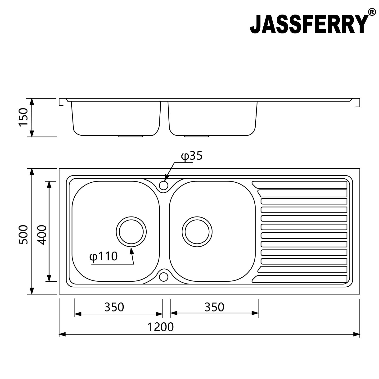 JASSFERRY Fregadero de Cocina Sobre Encimera dos Senos, Fregadero de Acero Inoxidable 304, Escurridor Reversible, 120 x 50 cm