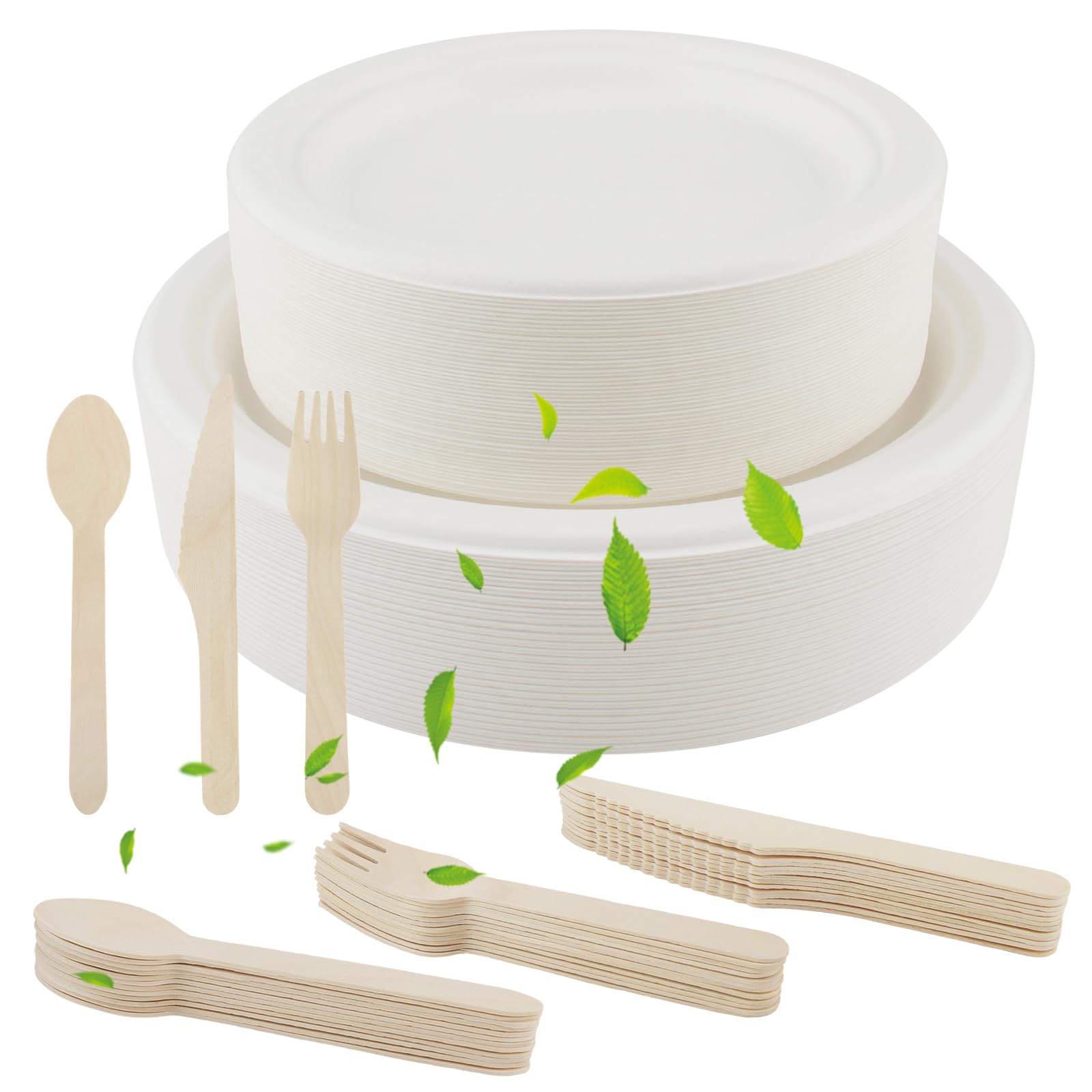 250 Stück Einweggeschirr Set,Umweltfreundlich Biologisch Einwegteller aus Zuckerrohr und Einwegbesteck aus Holz für Grillfest, Camping, Picknick oder Party