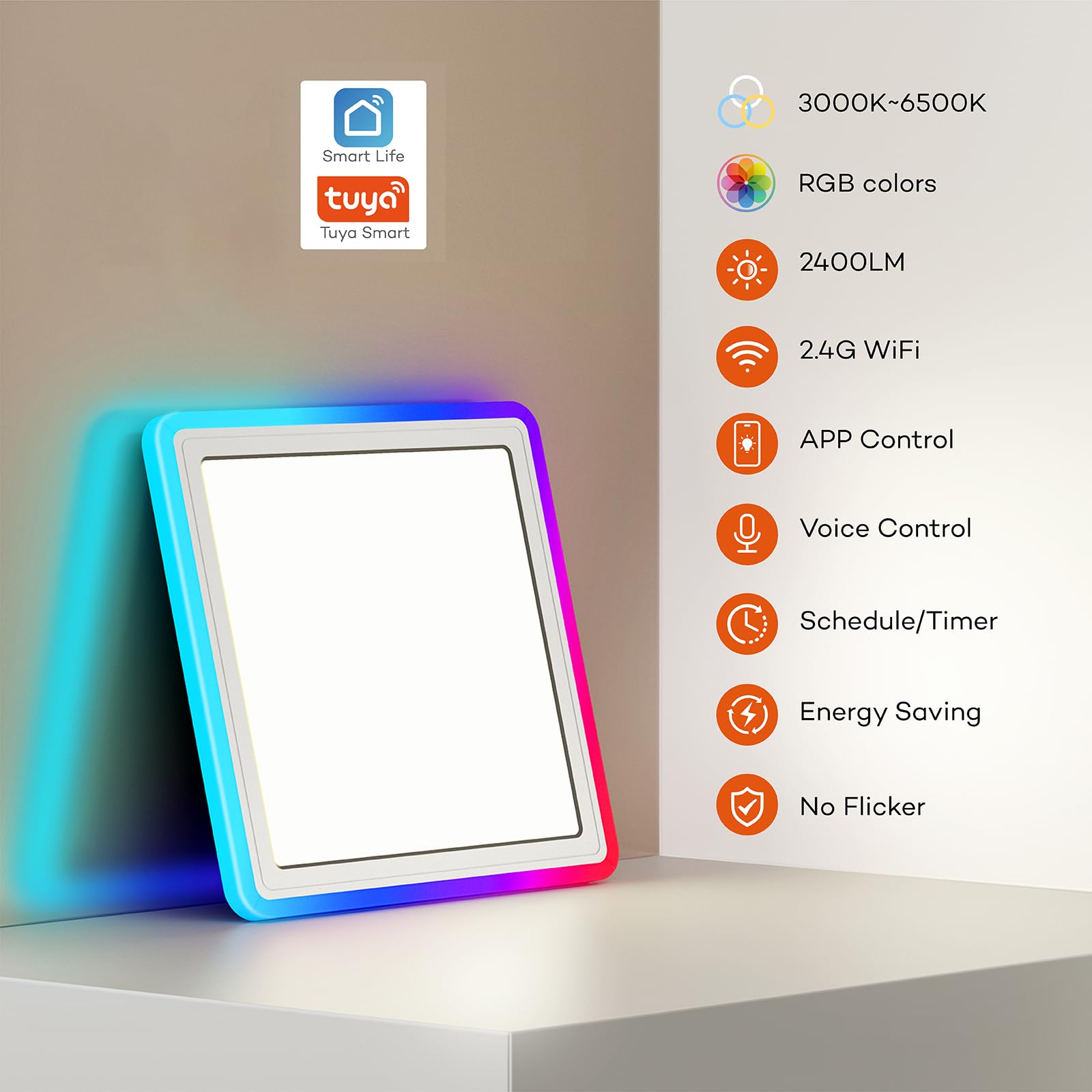 Annaror Lámpara de techo LED inteligente WiFi, 33 cm RGB empotrada con control remoto, compatible con Alexa Google Home, lámpara de techo de perfil bajo para dormitorio, cocina, cuadrado blanco