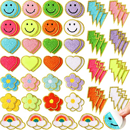 Hanaive 80 Pcs Chenille Patches Self Adhesive Patches 3D Cute Embroidered Rainbow Lightning Smile Face Heart Applique Sewing Badges Patch for Fabric Clothing Jackets Jeans DIY (Self Adhesive)