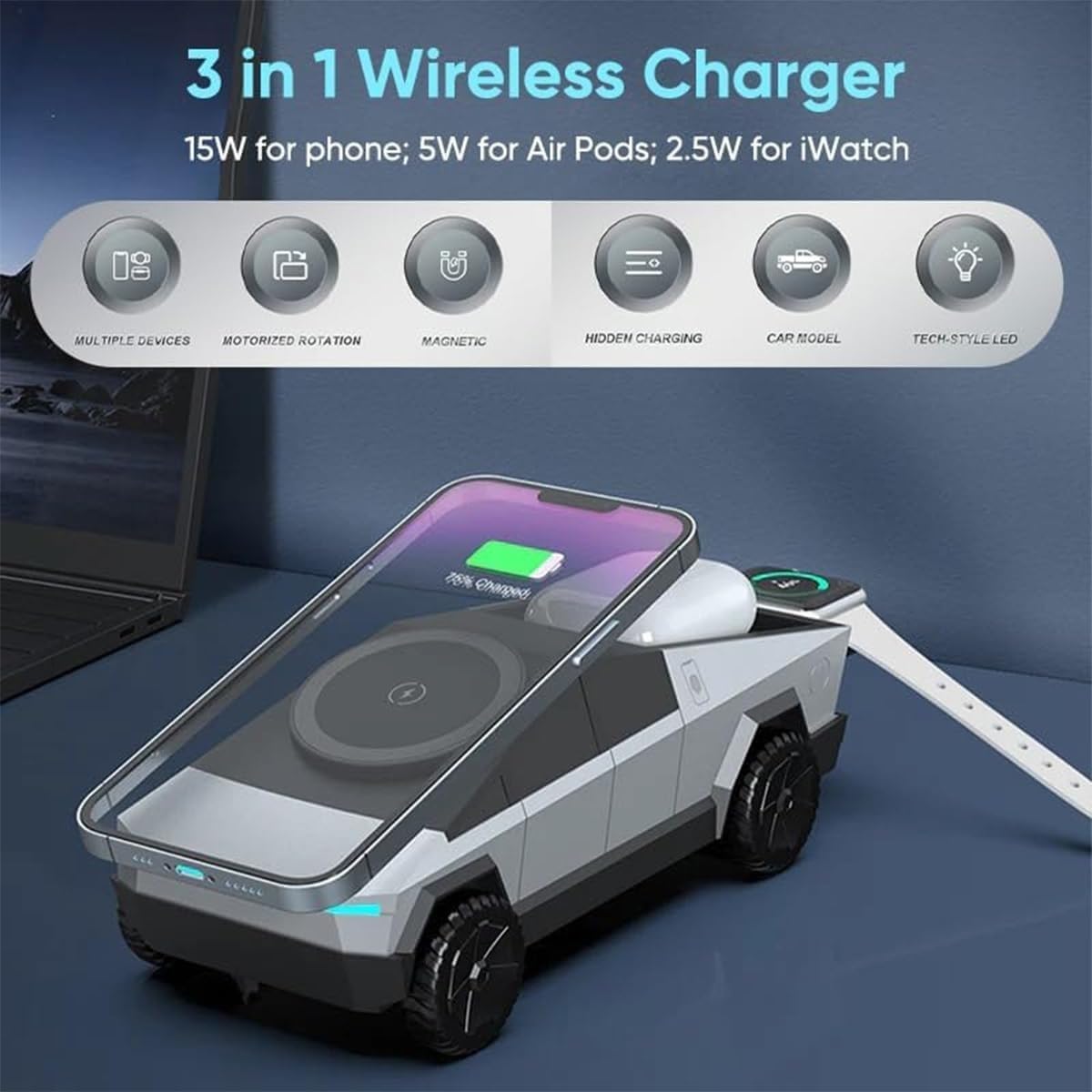 Station De Charge Sans Fil 3-En-1 Cyberdock, Chargeur Sans Fil Tactile Pop-Up Multi-appareils Avec Lumière Ambiante Et Support Magnétique, Support De Charge Rotatif Automatique